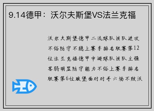 9.14德甲：沃尔夫斯堡VS法兰克福